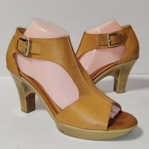 Sofft Dabney Women's Leather Peep-Toe T-Strap Heeled Buckle Sandals Pump Tan 8.5